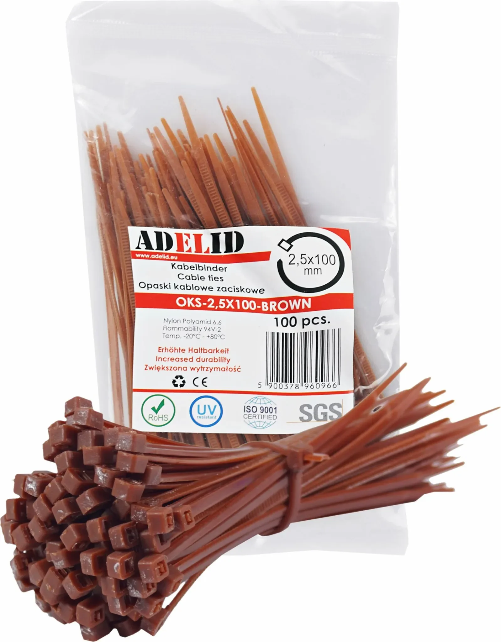 Adelid - Kabelbinder Industriequalität – 100 Stück, UV-beständig, braun, 2,5×200 mm