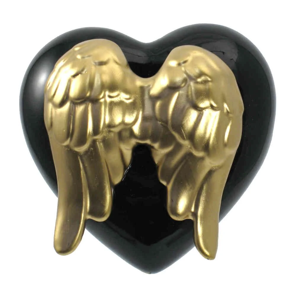 GASPER - Dekoobjekt Keramik Herz – 9 cm, schwarz & goldene Flügel, handgefertigt