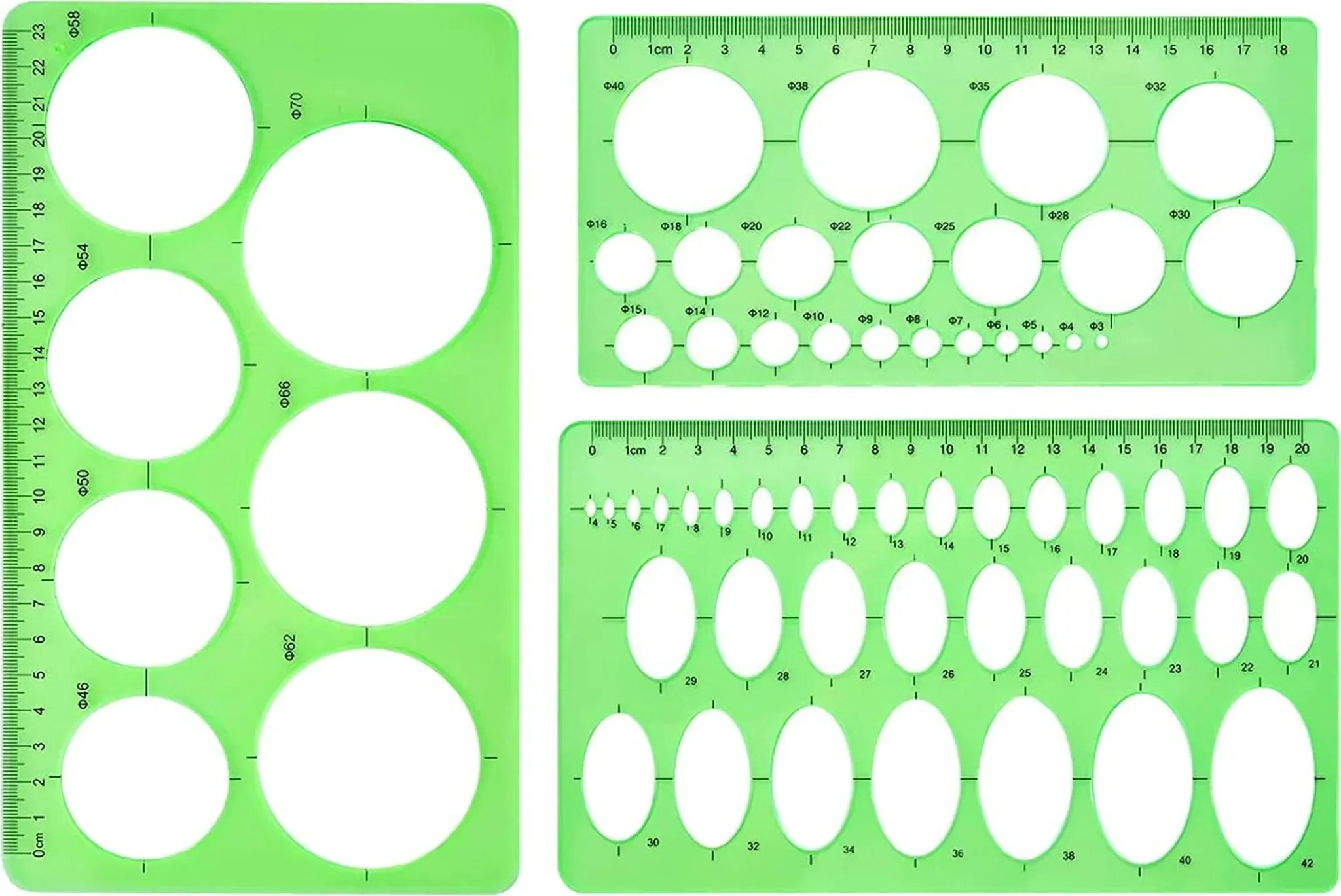 OD19 - 3er Set Kunststoff Mess Lineal, Geometrische Zeichenschablonen, Zeichenvorlagen
